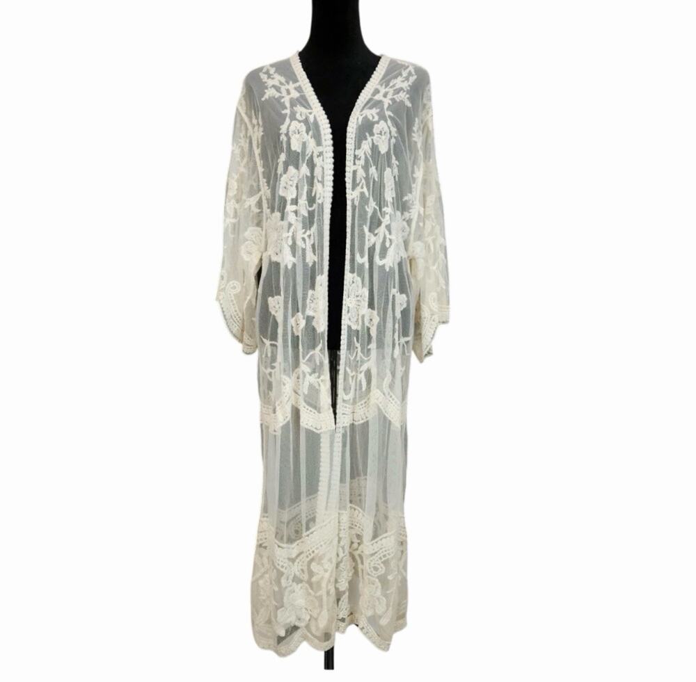 Adiva Ivory Floral Sheer Lace Open Front Kimono Long XL Cardigan Wedding Boho
